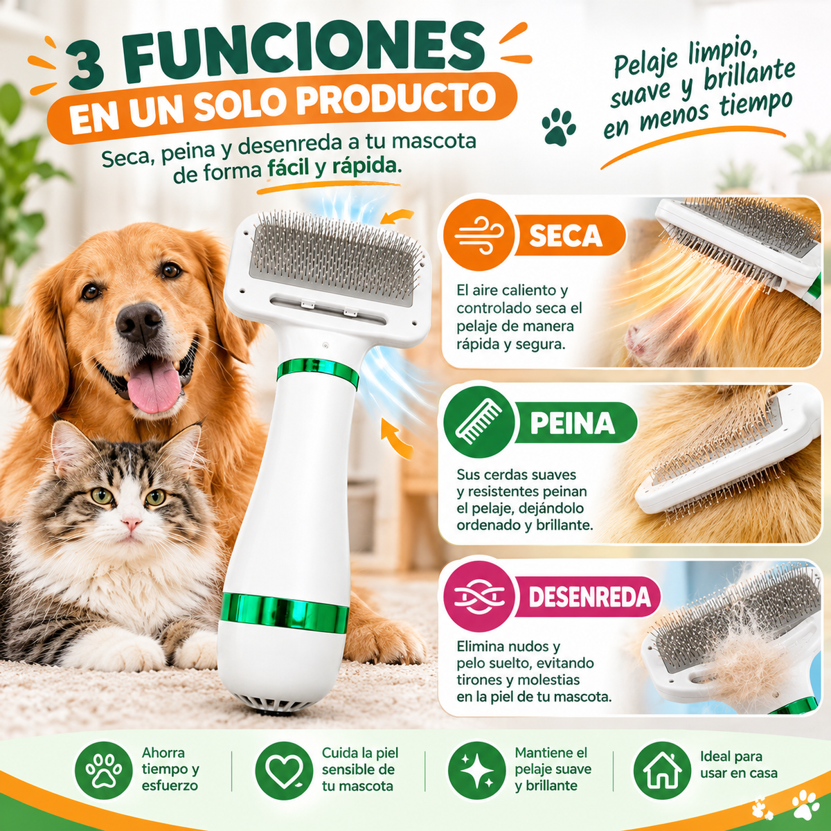 Cepillo secador 2 en 1 para mascotas