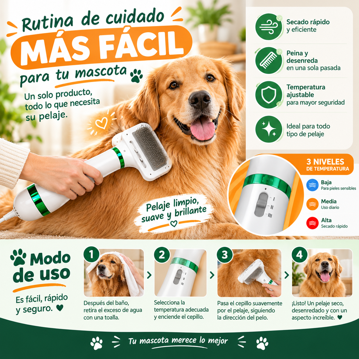 Cepillo secador 2 en 1 para mascotas